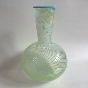 Vintage 80s Dansk Art Glass Vase Latticino Thread Blue and Green Swirl